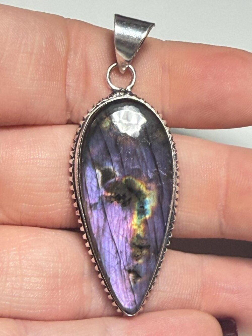 Labradorite Pendant Marquise Purple Flash Natural Gemstone 925 Stamped Bale Hand